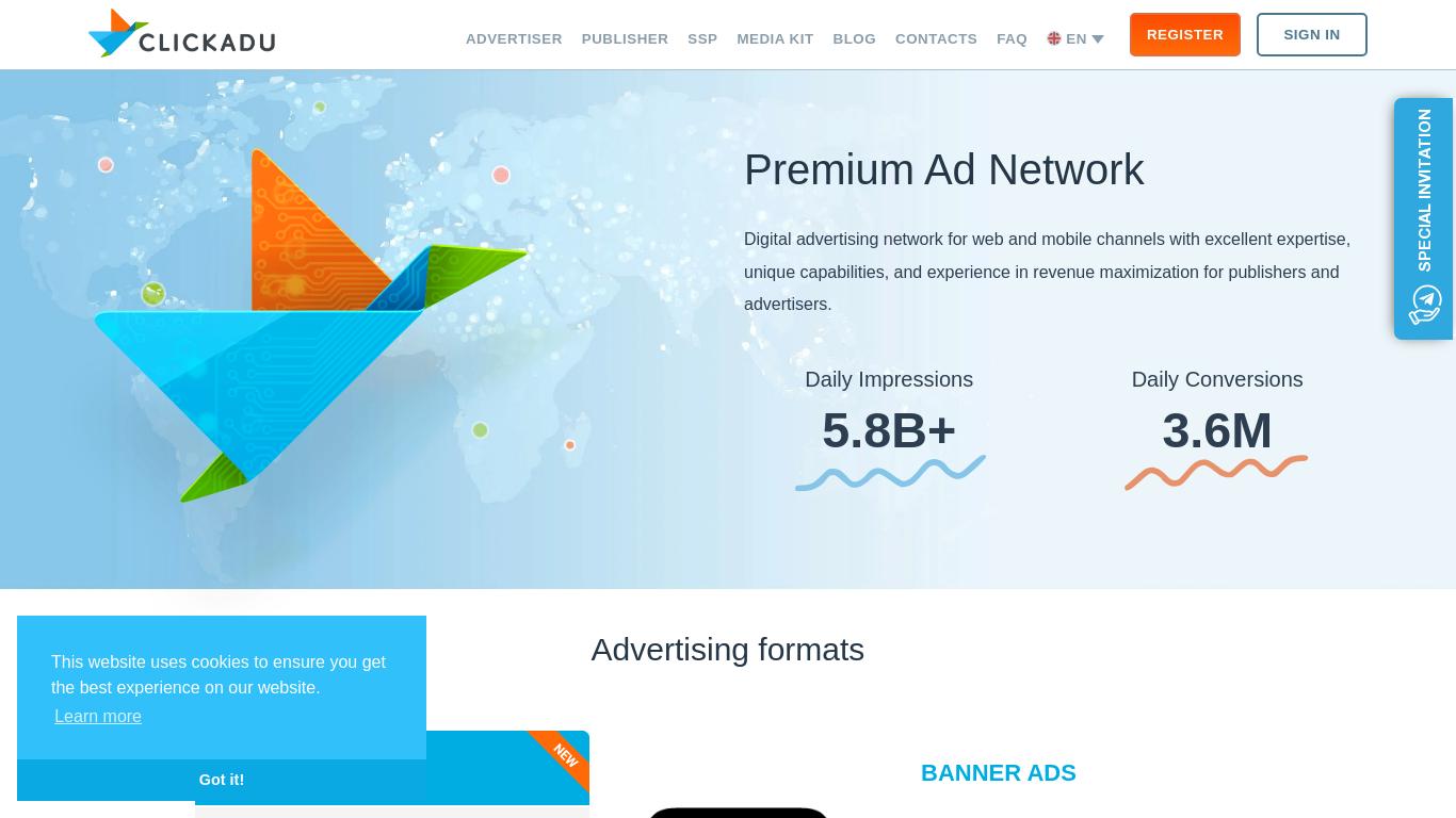 Clickadu is a leading ad network offering a comprehensive suite of advertising solutions for publishers and advertisers. From banner advertising to push notifications and pre-roll video ads