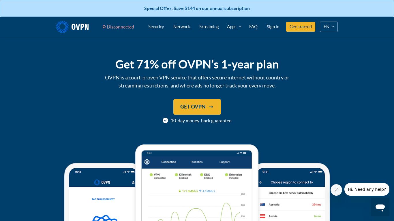 OVPN is the VPN service that makes you anonymous online. No logs, fast VPN speeds, strong encryption and an uptime guarantee of 99.5%