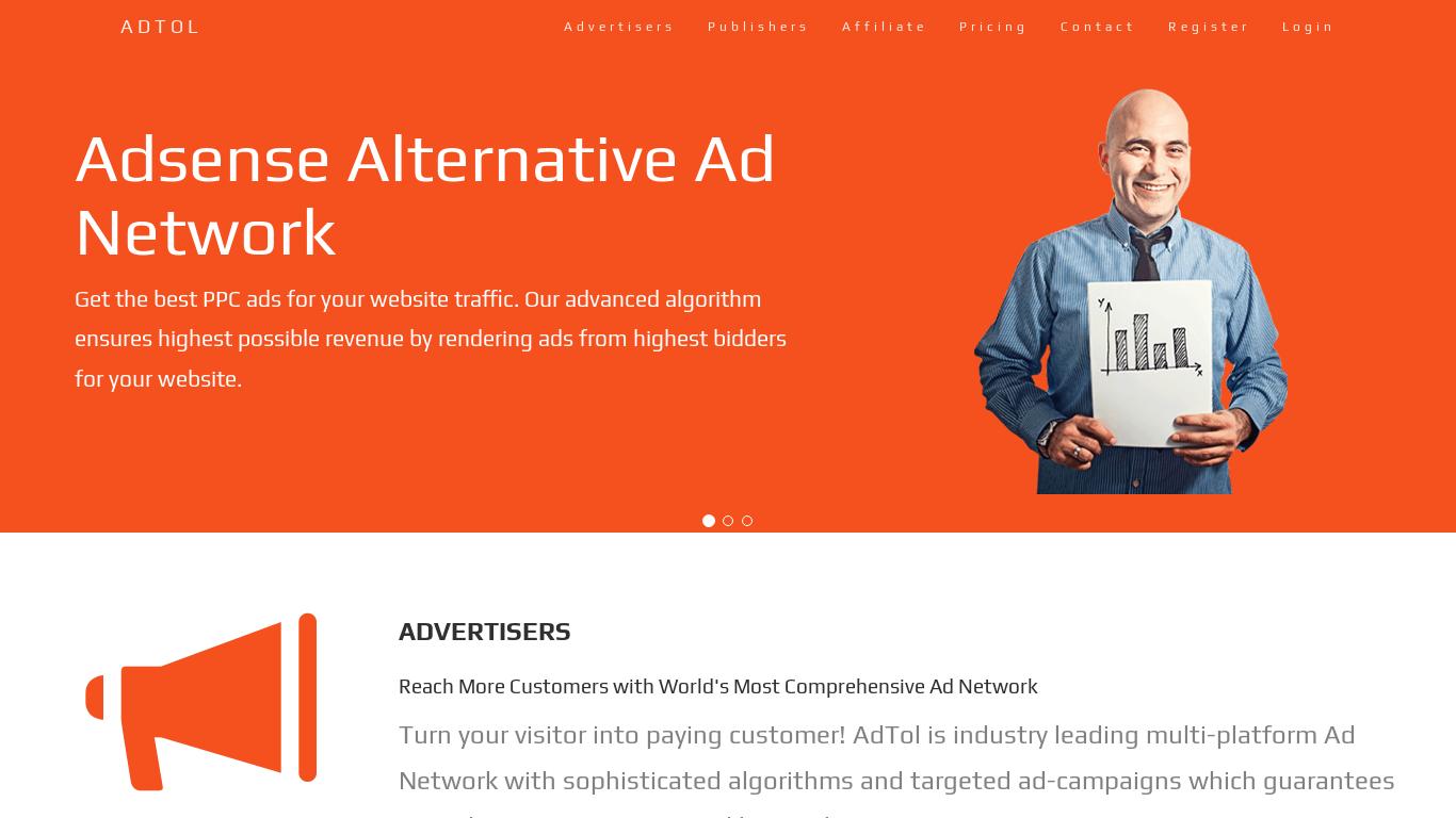 AdTol - Adsense Alternative CPC Ad Network with high Pay Per Click. Ad Formats - Pop Ads, Text Ads, Banner Ads & Native Ads. Best Ad Network for Advertisers & Publishers.